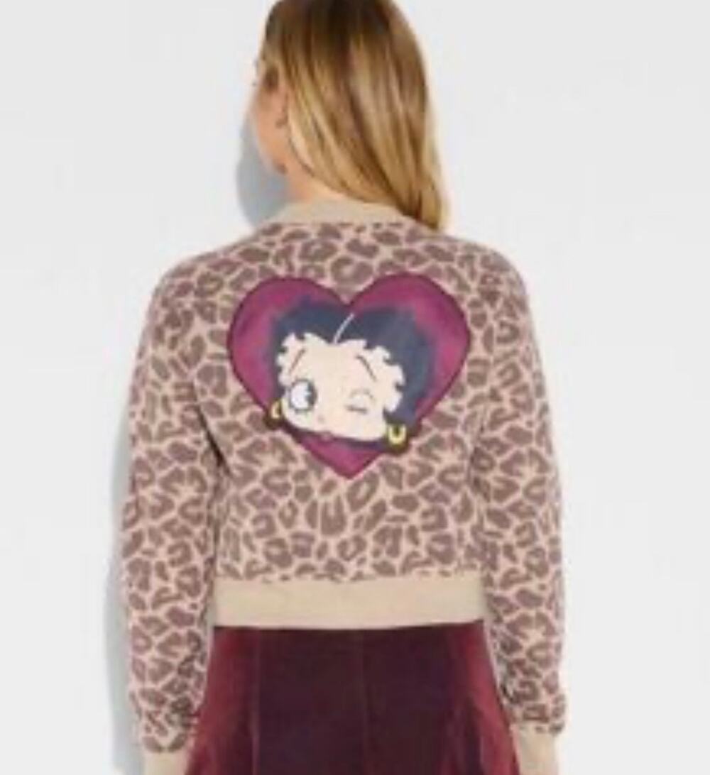 Betty Boop Leopard Print Cropped Sweater Button Front Size L Retro Heart Pin Up